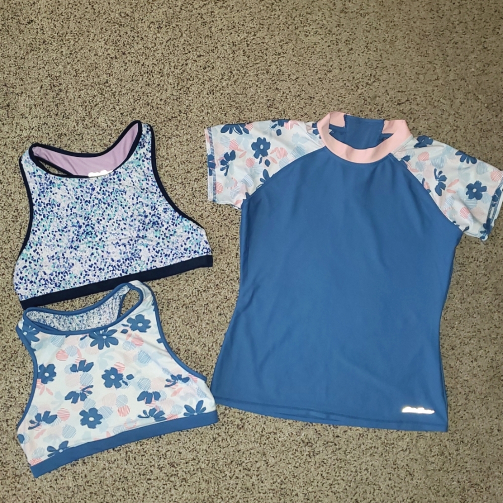 Eddie Bauer Floral Blue & Pink Rash Guard Set Swim Sport Racerback Tops & Shirt